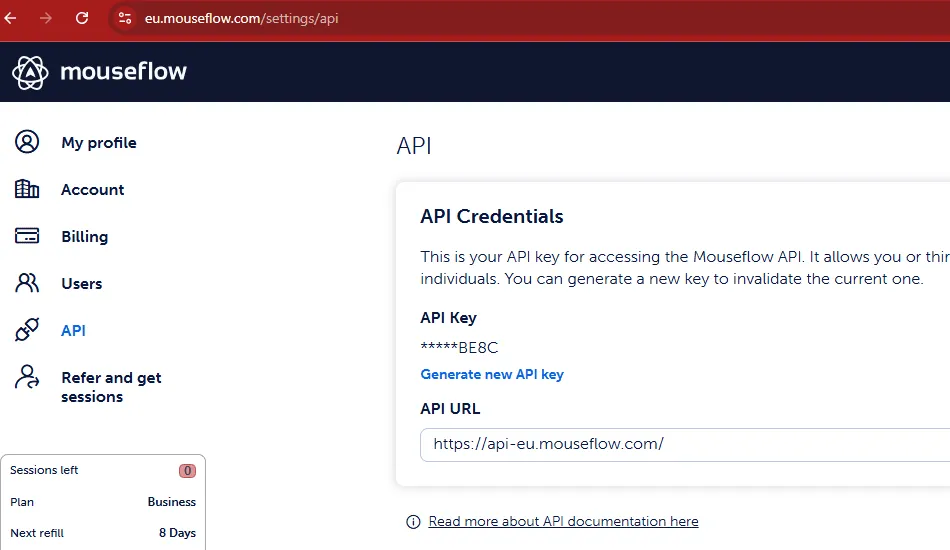 Create API key for Mouseflow