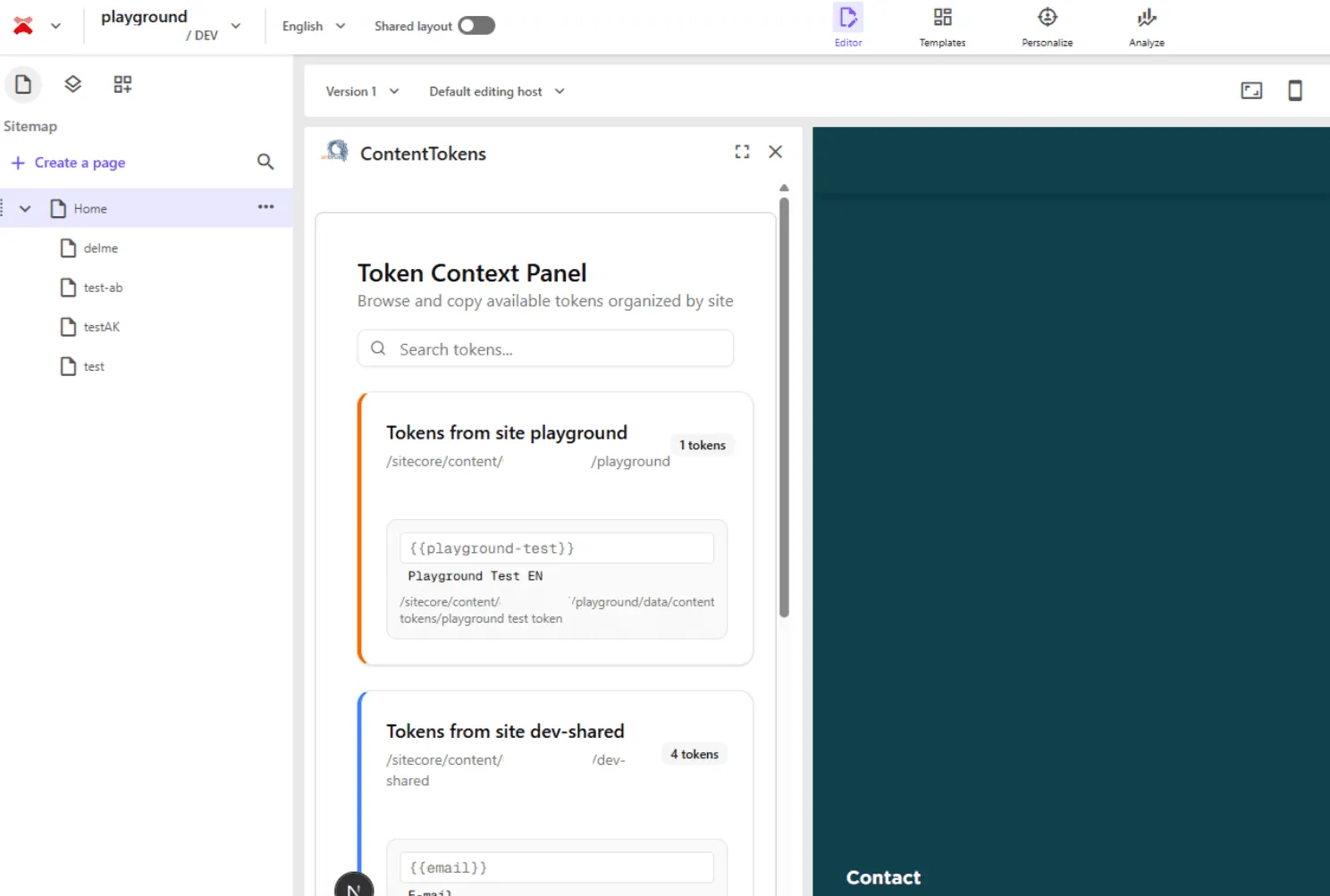 The Content Tokens app in Page builder